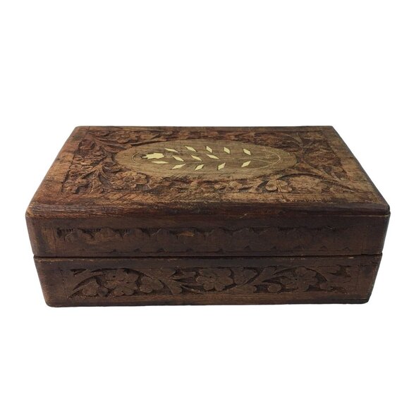 Wood Jewelry Chest Storage Box Inlay Carved Floral Pattern Solid Mid Century u - Picture 2 of 9